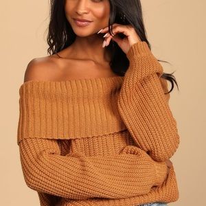 Light Brown Off-the-Shoulder Knot Sweater!